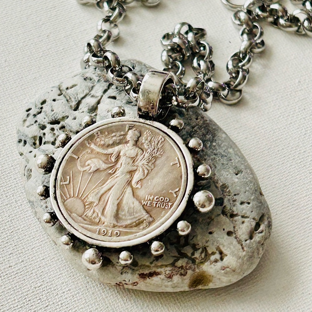 Liberty Silver Tone Replica Coin Pendant Necklace